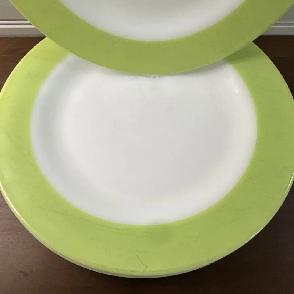 Set of 4 Pyrex Lime Green Band Dinner Plate Milk Glass MCM 10